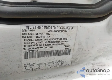 2001 Mercury Grand Marquis Ls z USA, uszkodzony, nr VIN 2MEFM75WX1X623678